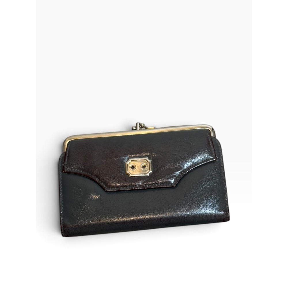 Vintage Double Kiss Lock Billfold Wallet Coin Purse Mid Century Dark Gray